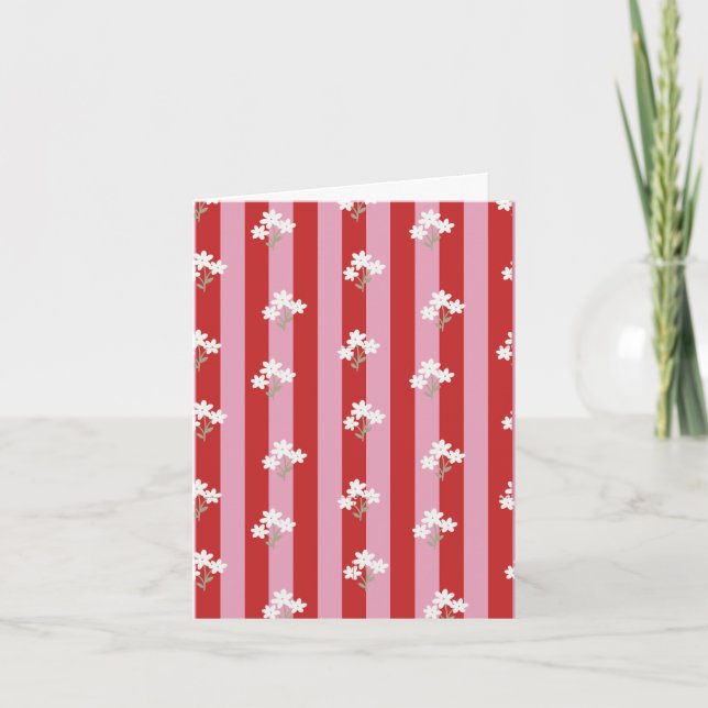 Tarjeta diseño de raya roja y rosa con flores blancas (Anverso)