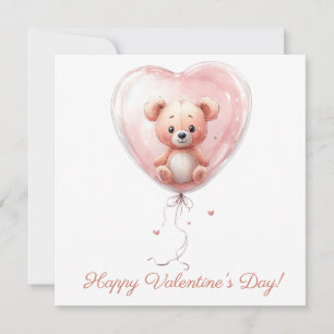 Tarjeta Diseño de San Valentín de Teddy en Globo de Corazó