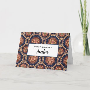 Tarjeta Diseño decorativo de Flores y Estrellas Cumpleaños