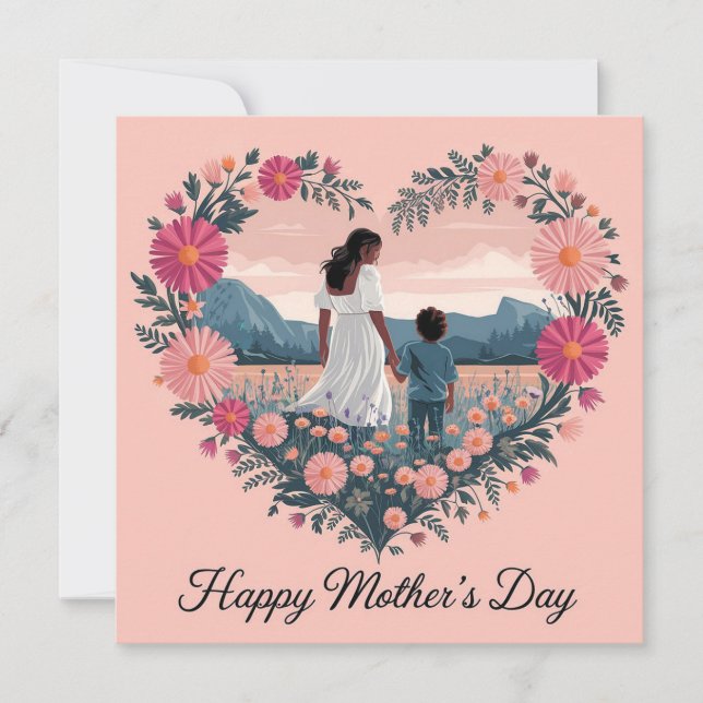 Tarjeta Diseño del día de la madre: mamá y su hijo (Anverso)