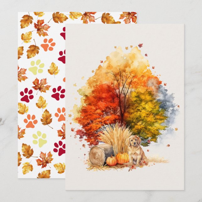 Tarjeta Diseño del perro de otoño acuático - Golden Retrie (Anverso / Reverso)