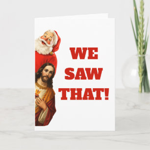 Tarjeta Diseño divertido de Santa y Jesús que dice “Vimos 