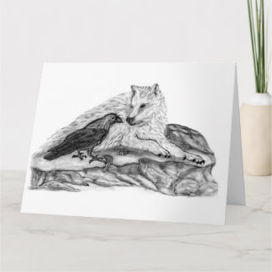 Tarjeta Diseño en blanco y negro de Wolf y Raven