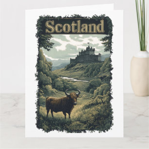 Tarjeta Diseño escocés: Vaca Highland, castillo y paisaje