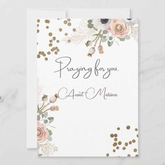 Tarjeta Diseño floral con puntos dorados y mensaje (Anverso)
