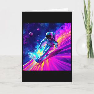 Tarjeta Diseño Gráfico Astronauta Surfing Onda de Arcoíris