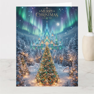Tarjeta Diseño majestuoso de árbol de Navidad y castillo d