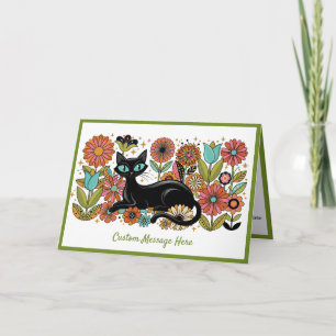Tarjeta Diseño personalizado de gato negro floral retro añ