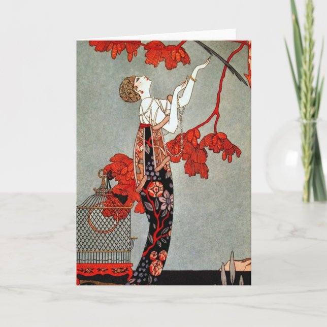 Tarjeta Diseño rojo de la señora art déco (Anverso)