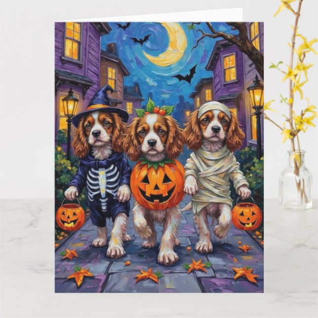 Tarjeta Disfraces de Halloween del Cavalier King Charles S (flor amarilla)