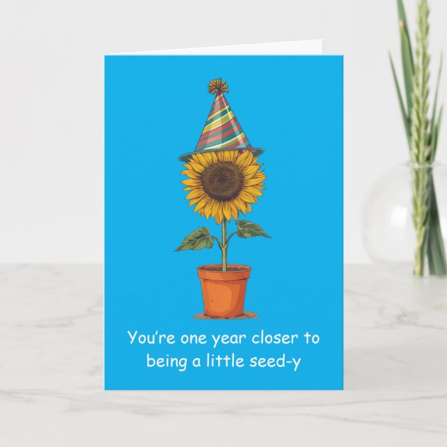 Tarjeta Disfraz de cumpleaños divertido de girasol con hum (Anverso)