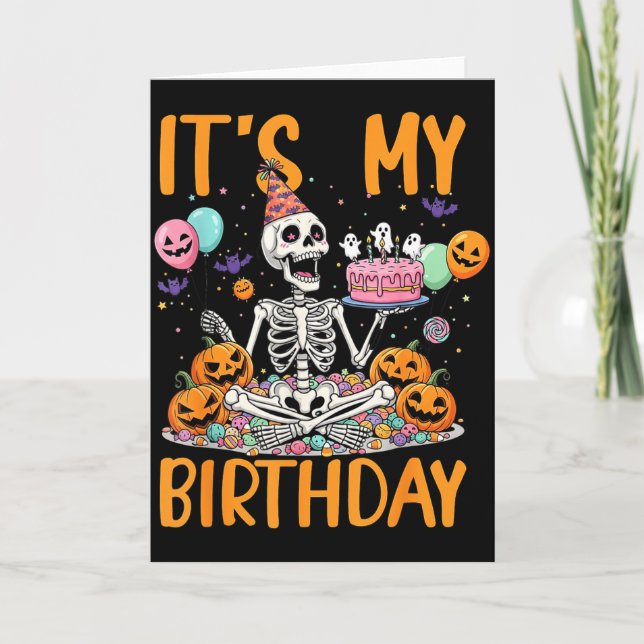 Tarjeta Disfraz de esqueleto de Halloween Cumpleaños mío (Anverso)
