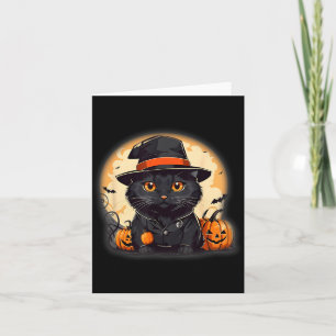 Tarjeta Disfraz de gato negro retro de Halloween calabaza 