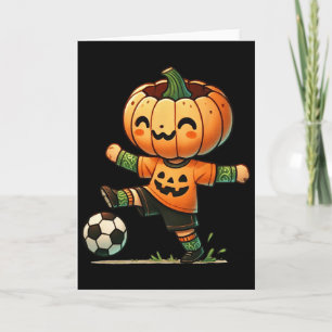 Tarjeta Disfraz de Halloween de fútbol con cara de calabaz