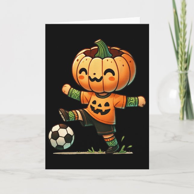 Tarjeta Disfraz de Halloween de fútbol con cara de calabaz (Anverso)