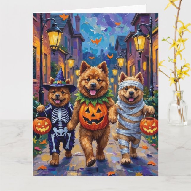 Tarjeta Disfraz de Halloween para perros Chow Chow haciend (flor amarilla)