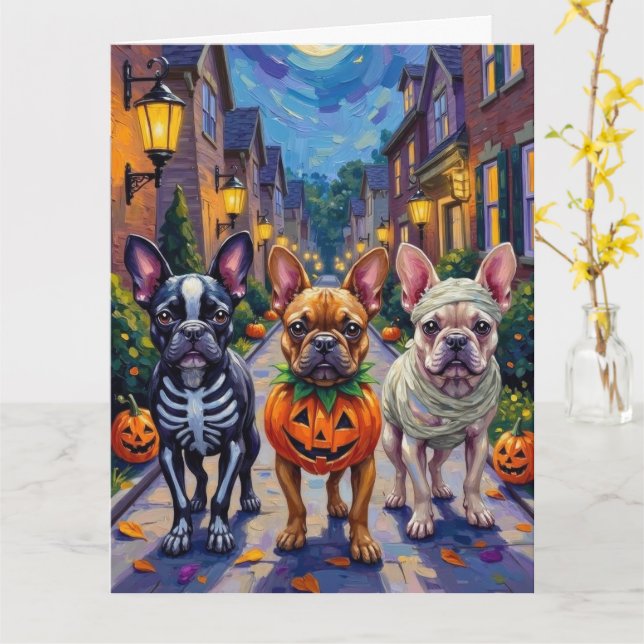 Tarjeta Disfraz de Halloween para Trick-or-Treat de Bulldo (flor amarilla)