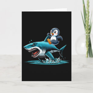Tarjeta Disfraz de tiburón montando pingüino para niños am
