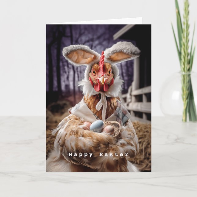 Tarjeta Disfraz divertido de conejo de Pascua para pollo (Anverso)