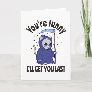 Tarjeta Disfraz divertido de gato segador para Halloween