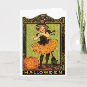 Tarjeta Disfraz y gato de Halloween