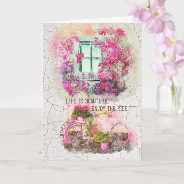 Tarjeta Disfruta Del Paseo | Bicicleta acuarela con flores (Orquídea)