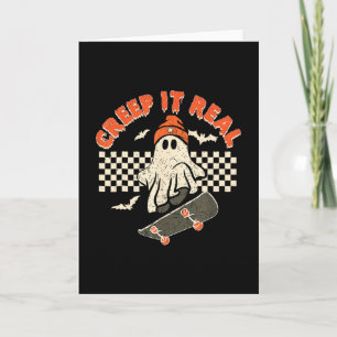 Tarjeta Disfruta skateboarding retro de Halloween fantasma