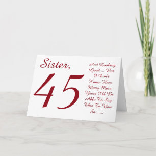 Tarjeta Diversión, cumpleaños 45 para hermana, texto rojo 