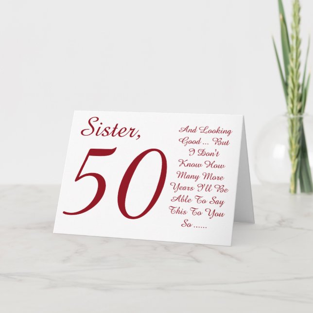 Tarjeta Diversión, cumpleaños 50 para la hermana, texto ro (Anverso)
