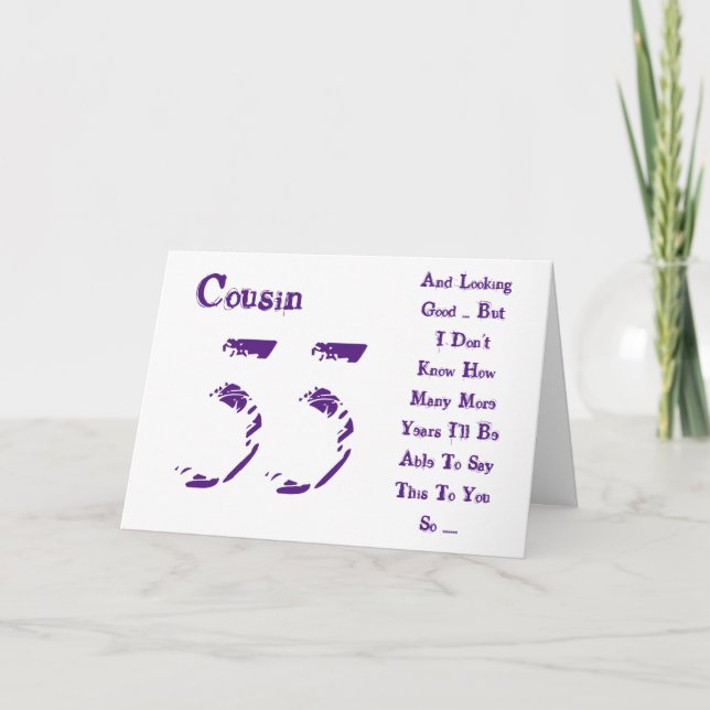 Tarjeta Diversión, cumpleaños 55, primo, púrpura y blanco  (Anverso)