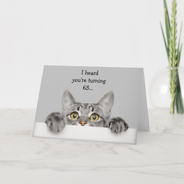 Tarjeta Diversión de 65 años con humor animal de gato (Anverso)