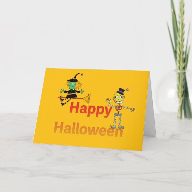 Tarjeta Diversión de Halloween de bruja y esqueleto (Anverso)