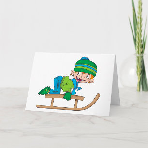 Tarjeta Diversión de invierno Niño patinando sobre trineo 