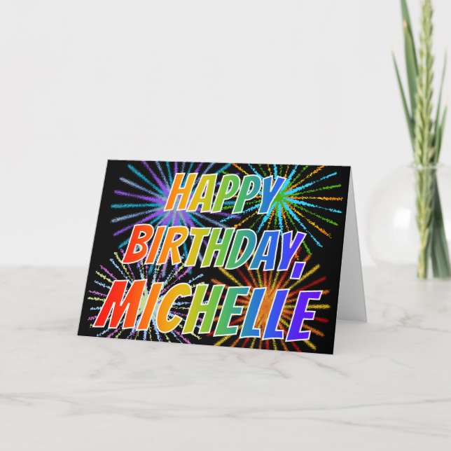 Tarjeta Diversión de nombre "MICHELLE" "FELIZ CUMPLEAÑOS" (Anverso)
