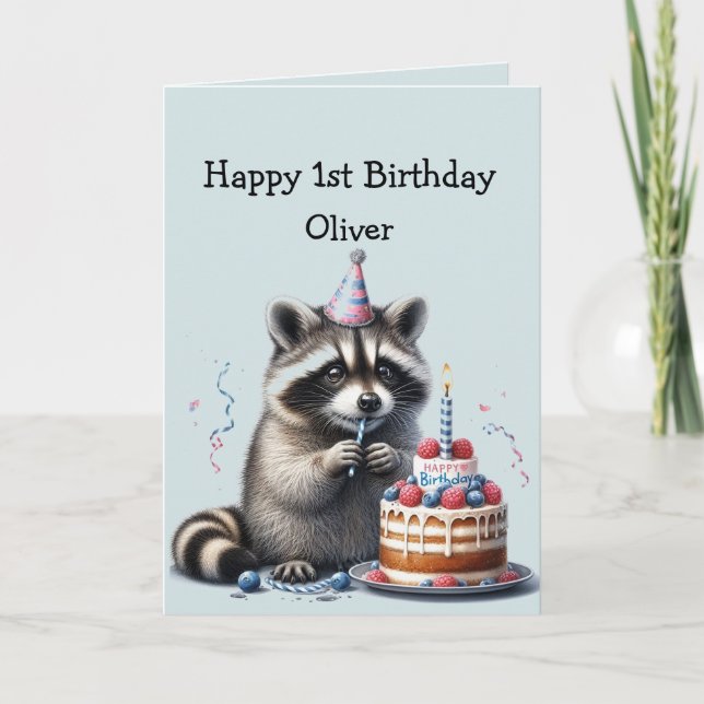 Tarjeta Diversión de nombre personalizado Raccoon 1º cumpl (Anverso)