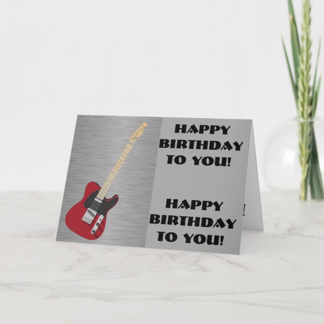 Tarjeta Diversión, saludo de cumpleaños, guitarra negra y  (Anverso)