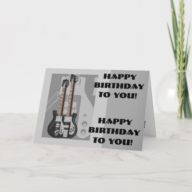 Tarjeta Diversión, saludo del cumpleaños, guitarra blanco (Anverso)