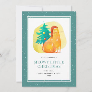 Tarjeta divertida acuarela Fat Cat Tree Snow Navid
