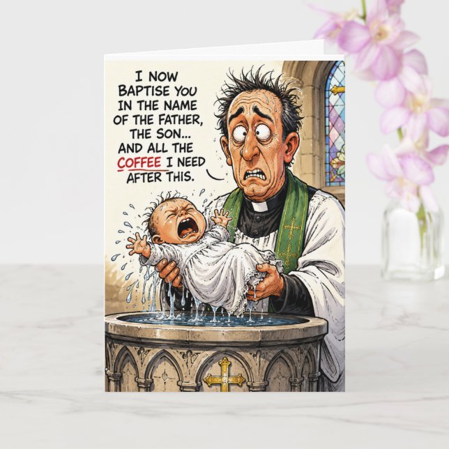 Tarjeta divertida de bautizo - Bebé llorando  (Orquídea)