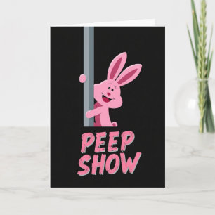 Tarjeta divertida de criatura rosa en Peep Show