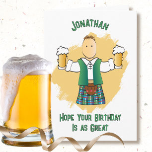 Tarjeta divertida de cumpleaños con kilt de dibujo