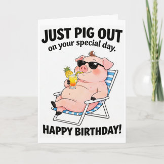 Tarjeta divertida de cumpleaños de cerdo tomando e