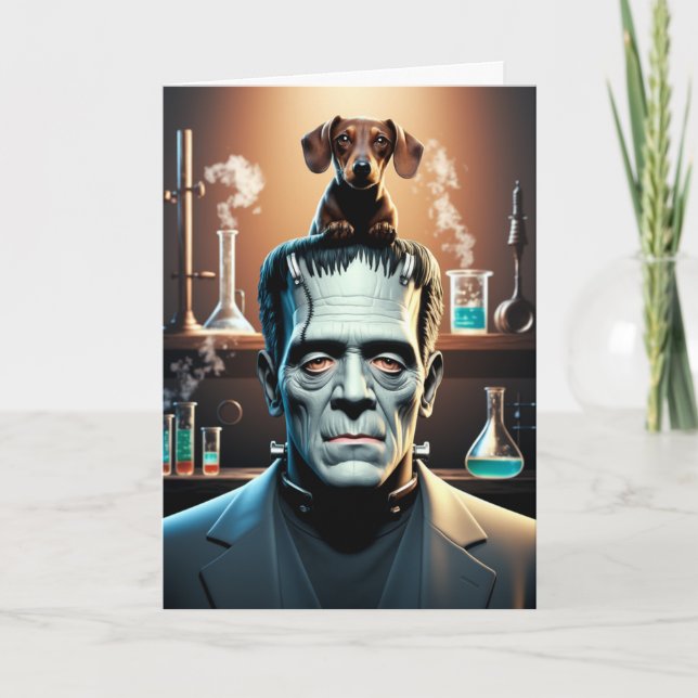 Tarjeta divertida de Dachshund y Frankenstein (Anverso)