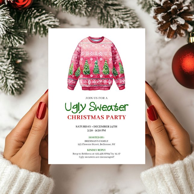 Tarjeta divertida de fiesta navideña con suéter fe (Retro Funny Ugly Sweater Holiday Party Card)