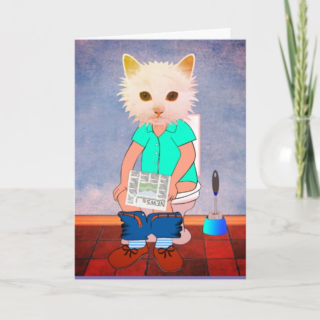 TARJETA DIVERTIDA DE GATO EN EL INODORO PENSANDO E (Anverso)