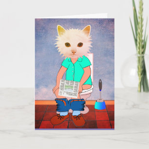 TARJETA DIVERTIDA DE GATO EN EL INODORO PENSANDO E