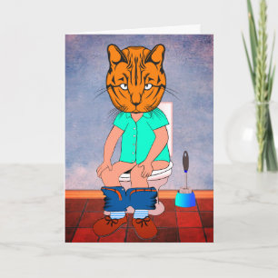 TARJETA DIVERTIDA DE GATO EN EL INODORO PENSANDO E