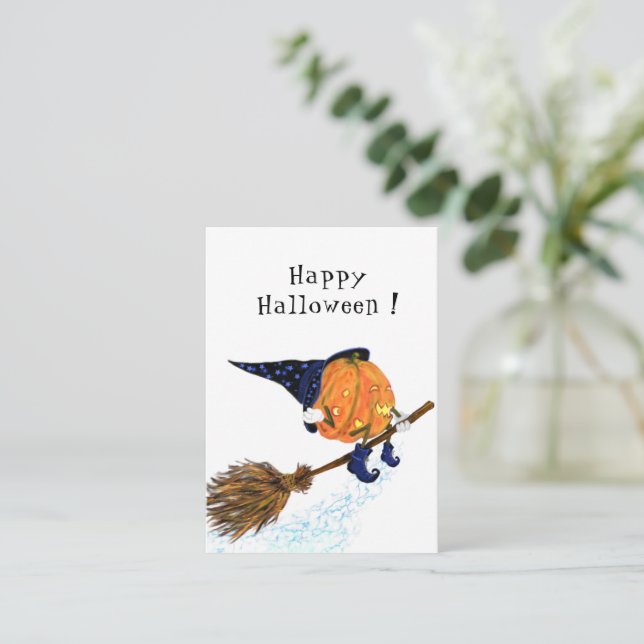 Tarjeta divertida de Halloween Bruja Calabaza Vola (Anverso de pie)