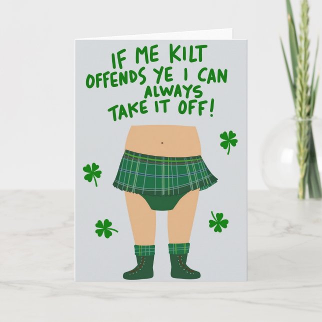 Tarjeta divertida de humor con kilt (Anverso)