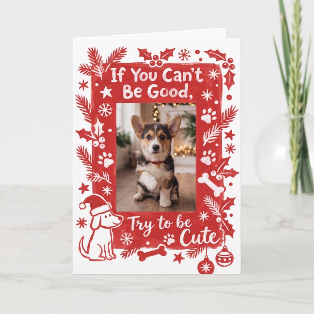 Tarjeta divertida de Navidad con foto de perro roj (Anverso)
